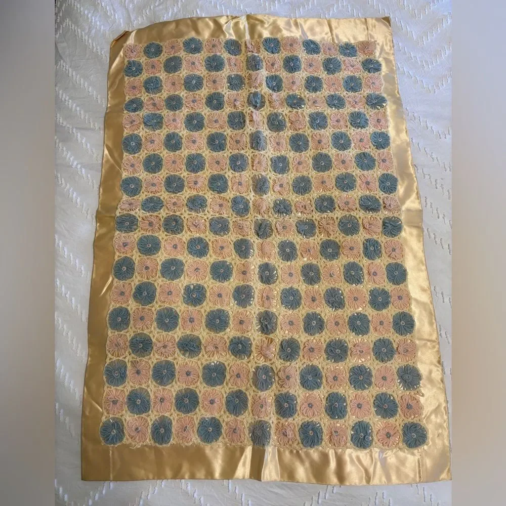Vintage Hand Made Crochet Baby Blanket 22.5” x 34” Silk trim Pink Blue Rosettes*